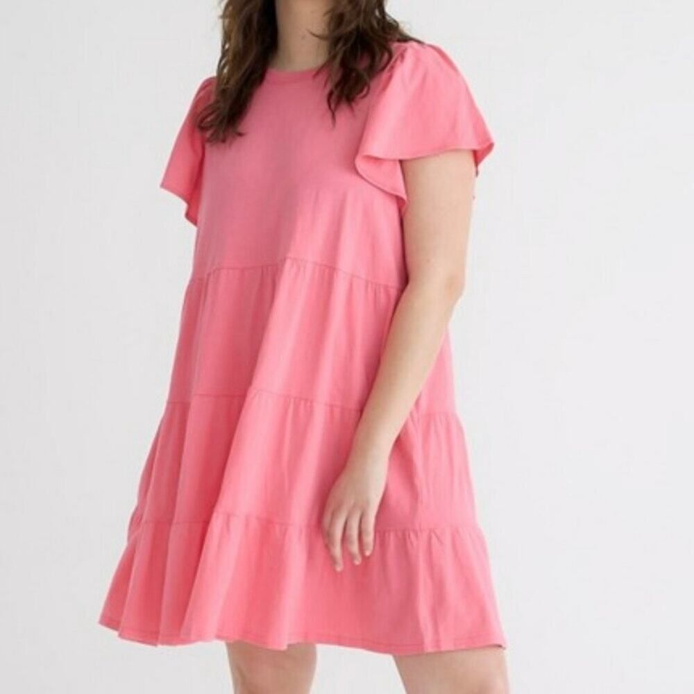 New J. Crew Tea Pink Broken-In Jersey Tiered Mini Dress Size Large
